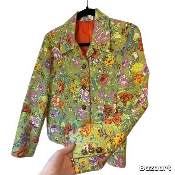 Vintage Coldwater Creek cropped blazer jacket green floral size S petite - Picture 3 of 6